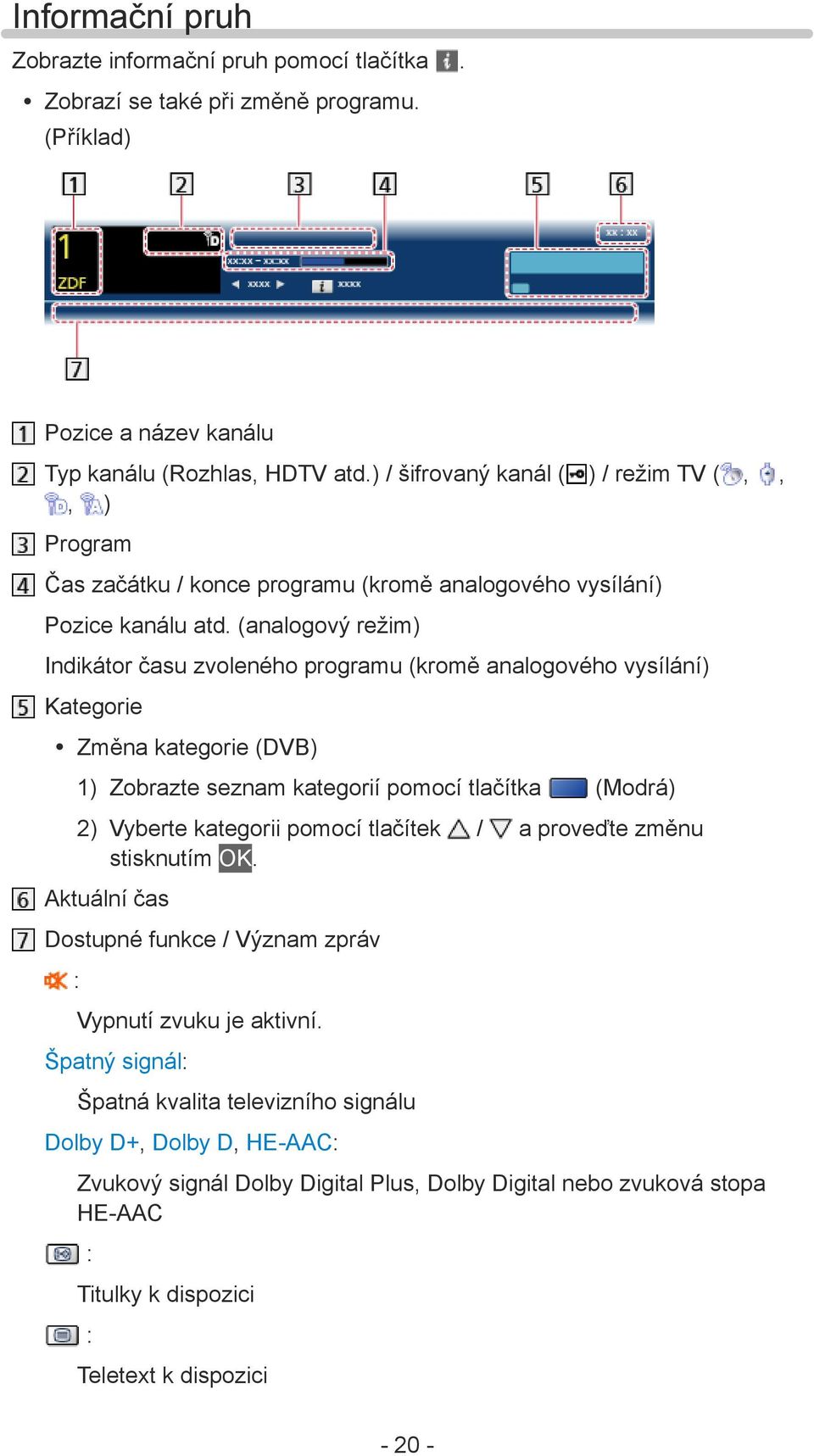 (analogový režim) Indikátor času zvoleného programu (kromě analogového vysílání) Kategorie Změna kategorie (DVB) 1) Zobrazte seznam kategorií pomocí tlačítka (Modrá) 2) Vyberte kategorii pomocí