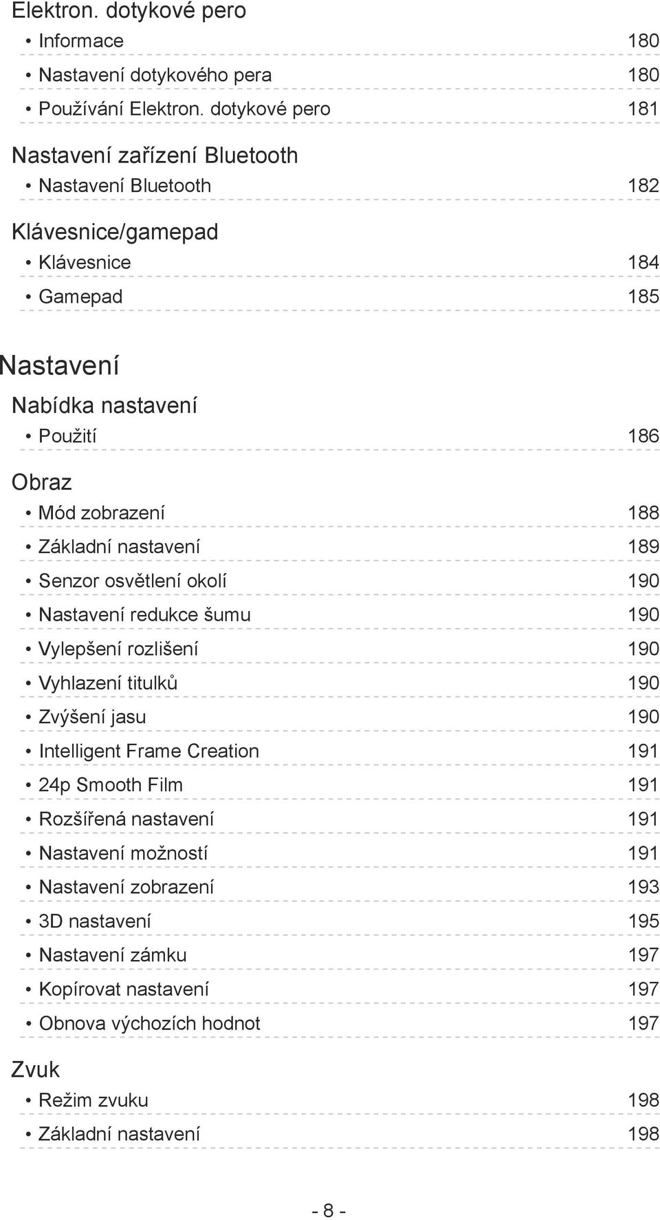 zobrazení 188 Základní nastavení 189 Senzor osvětlení okolí 190 Nastavení redukce šumu 190 Vylepšení rozlišení 190 Vyhlazení titulků 190 Zvýšení jasu 190 Intelligent