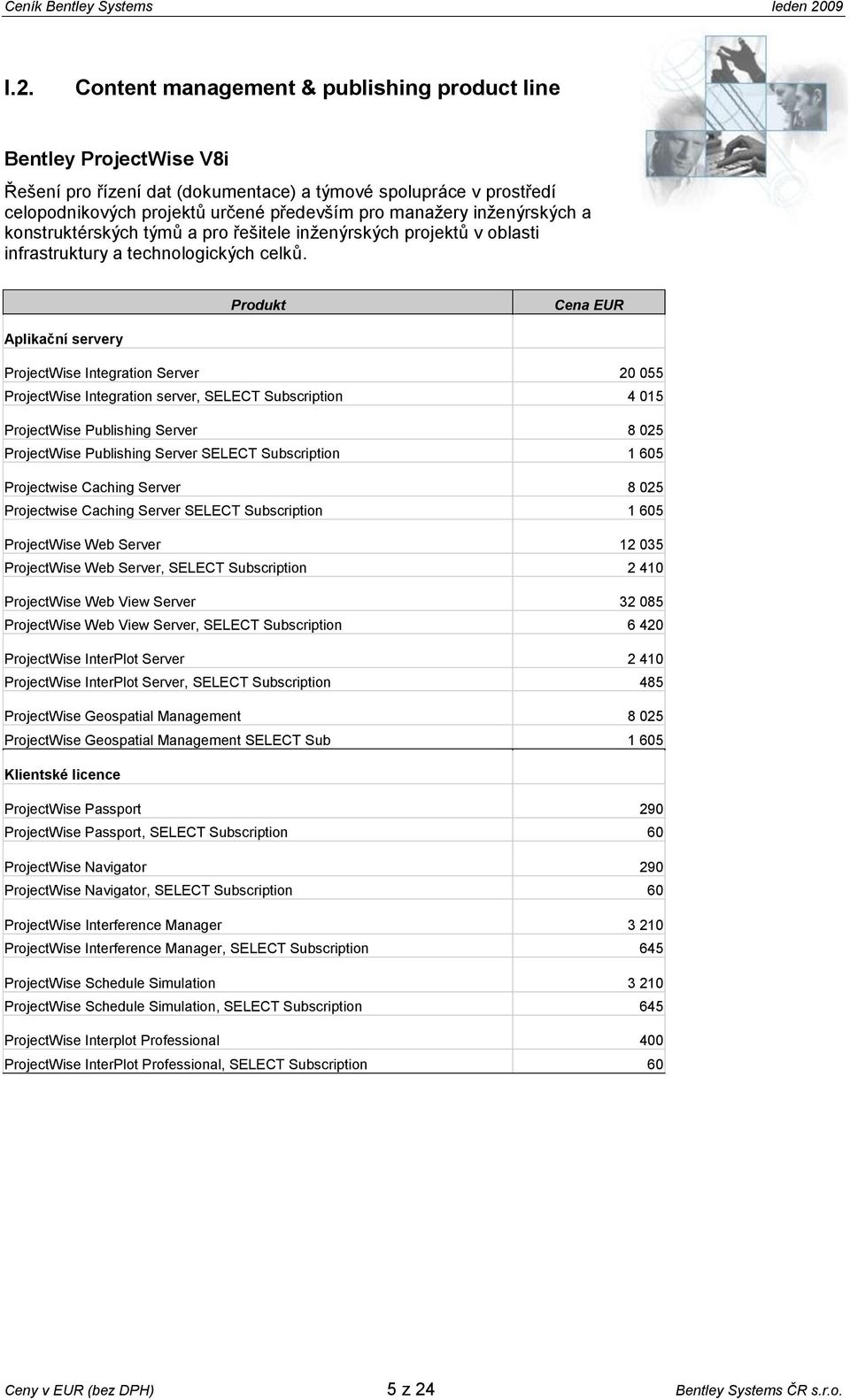 Aplikační servery ProjectWise Integration Server 20 055 ProjectWise Integration server, SELECT Subscription 4 015 ProjectWise Publishing Server 8 025 ProjectWise Publishing Server SELECT Subscription