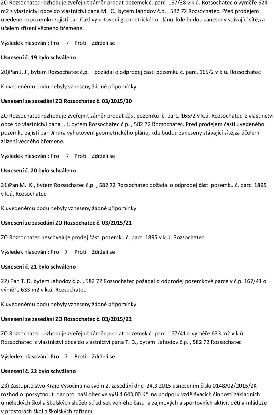 J., bytem Rozsochatec č.p. požádal o odprodej části pozemku č. parc. 165/2 v k.ú. Rozsochatec Usnesení ze zasedání ZO Rozsochatec č.