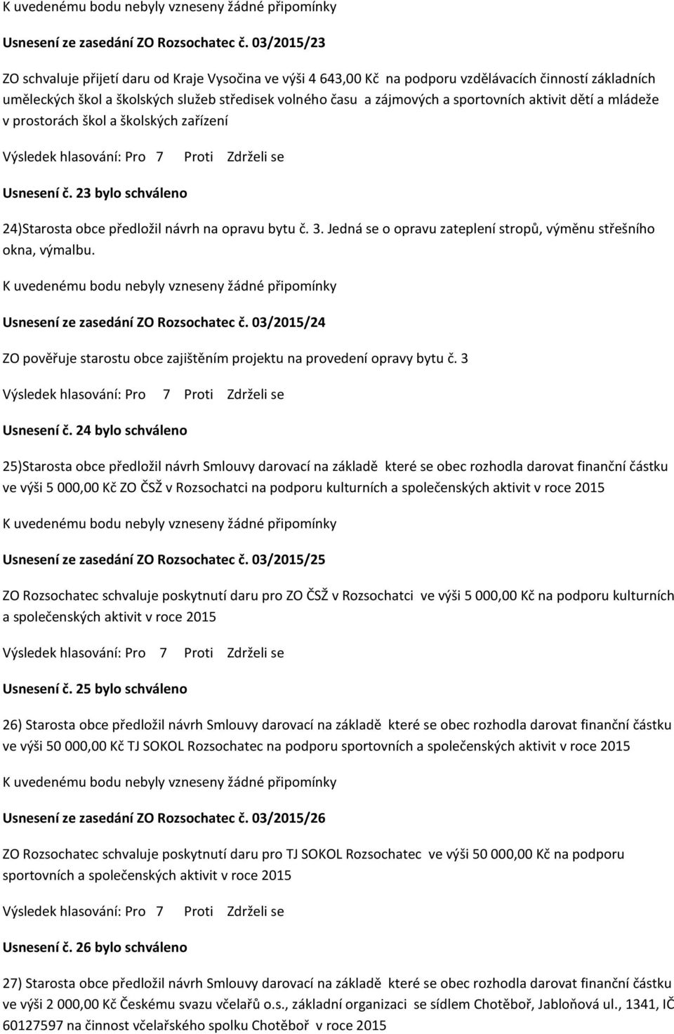 sportovních aktivit dětí a mládeže v prostorách škol a školských zařízení Usnesení č. 23 bylo schváleno 24)Starosta obce předložil návrh na opravu bytu č. 3.