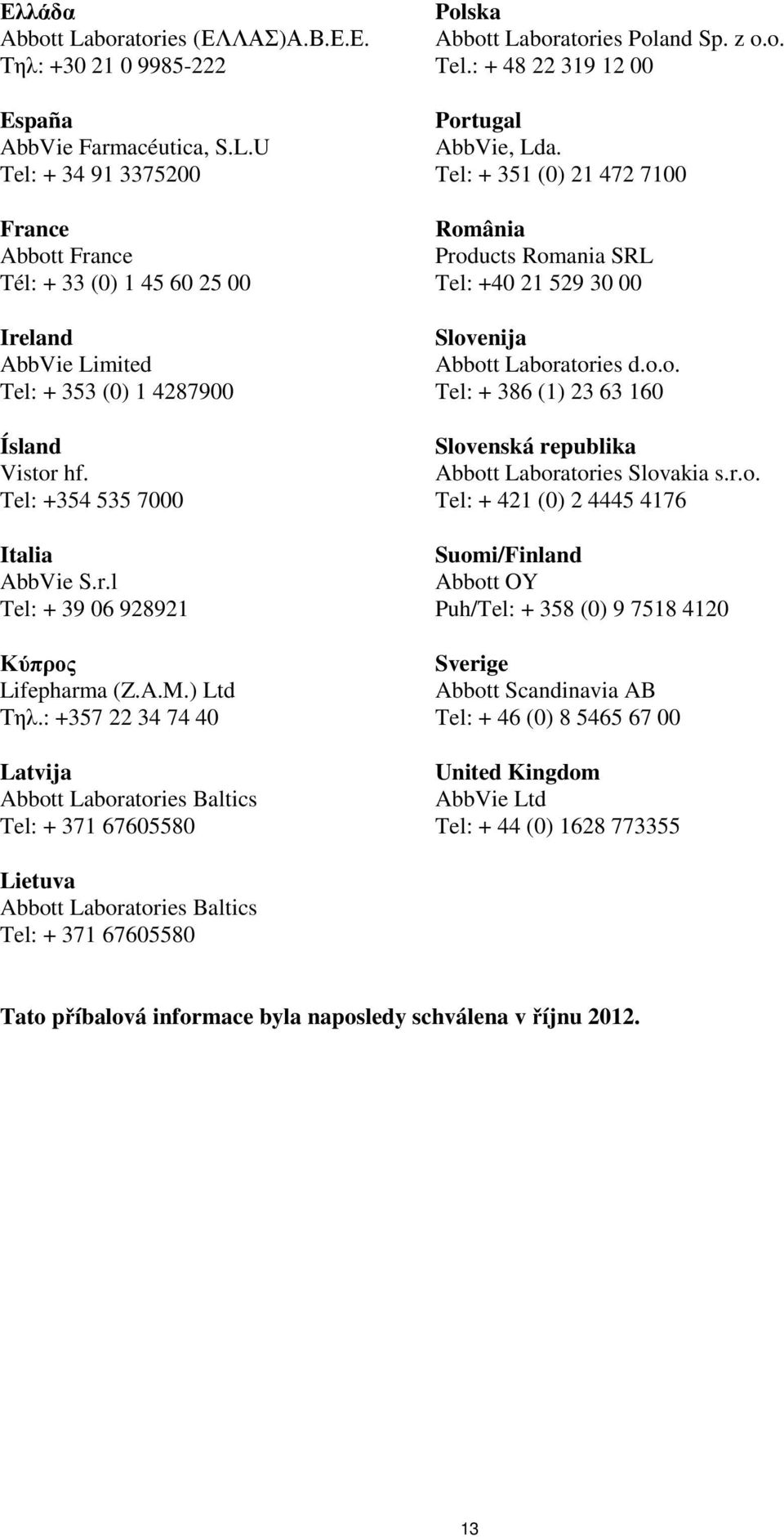 : +357 22 34 74 40 Latvija Abbott Laboratories Baltics Tel: + 371 67605580 Polska Abbott Laboratories Poland Sp. z o.o. Tel.: + 48 22 319 12 00 Portugal AbbVie, Lda.