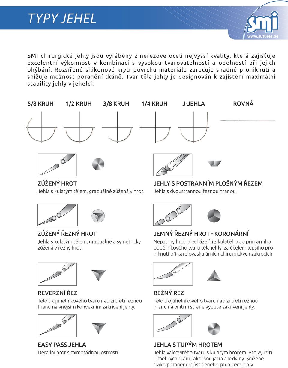 5/8 KRUH 1/2 KRUH 3/8 KRUH 1/4 KRUH J-JEHLA ROVNÁ ZÚŽENÝ HROT Jehla s kulatým tělem, graduálně zúžená v hrot. JEHLY S POSTRANNÍM PLOŠNÝM ŘEZEM Jehla s dvoustrannou řeznou hranou.