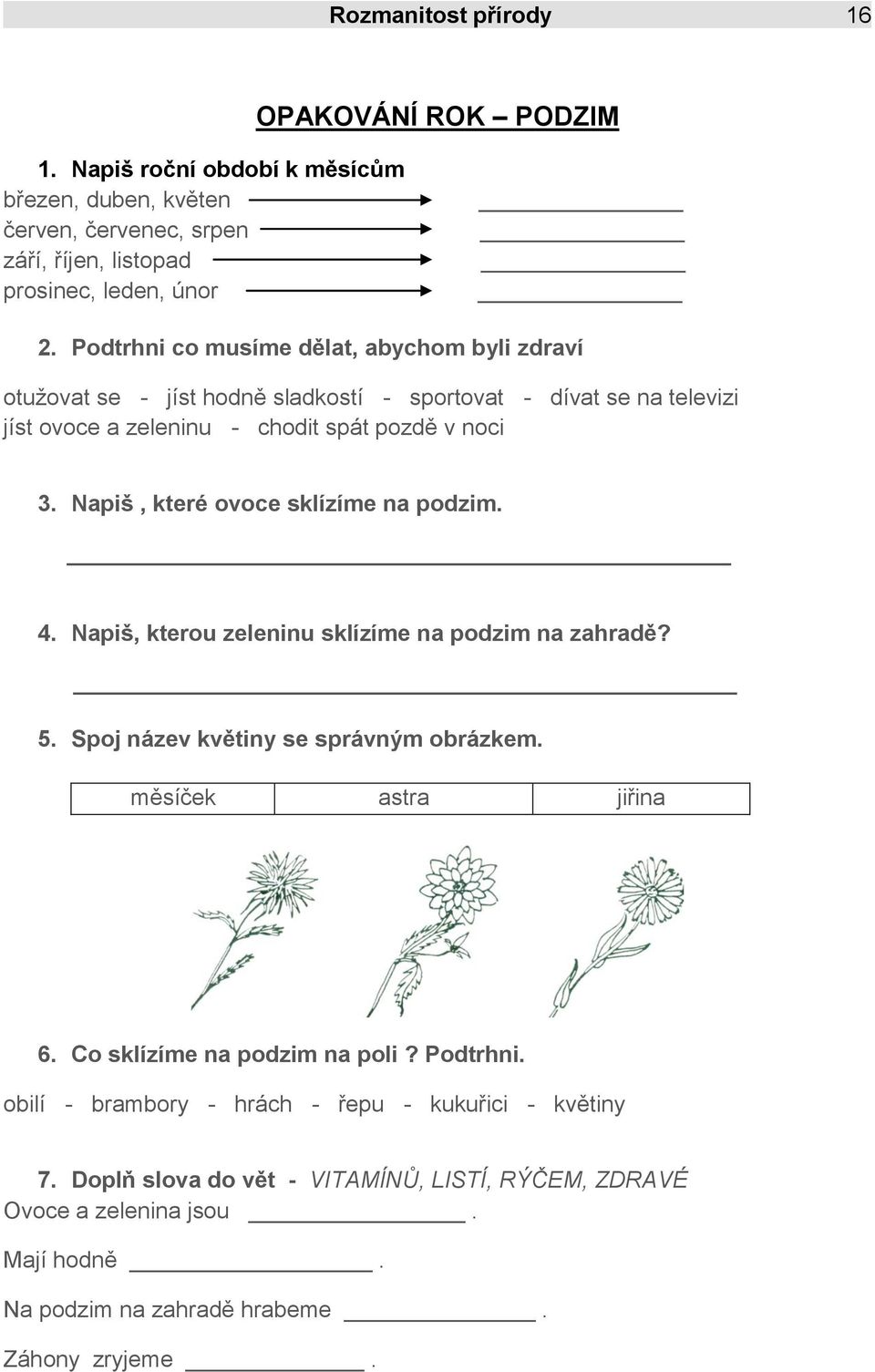 Napiš, které ovoce sklízíme na podzim. 4. Napiš, kterou zeleninu sklízíme na podzim na zahradě? 5. Spoj název květiny se správným obrázkem. měsíček astra jiřina 6.