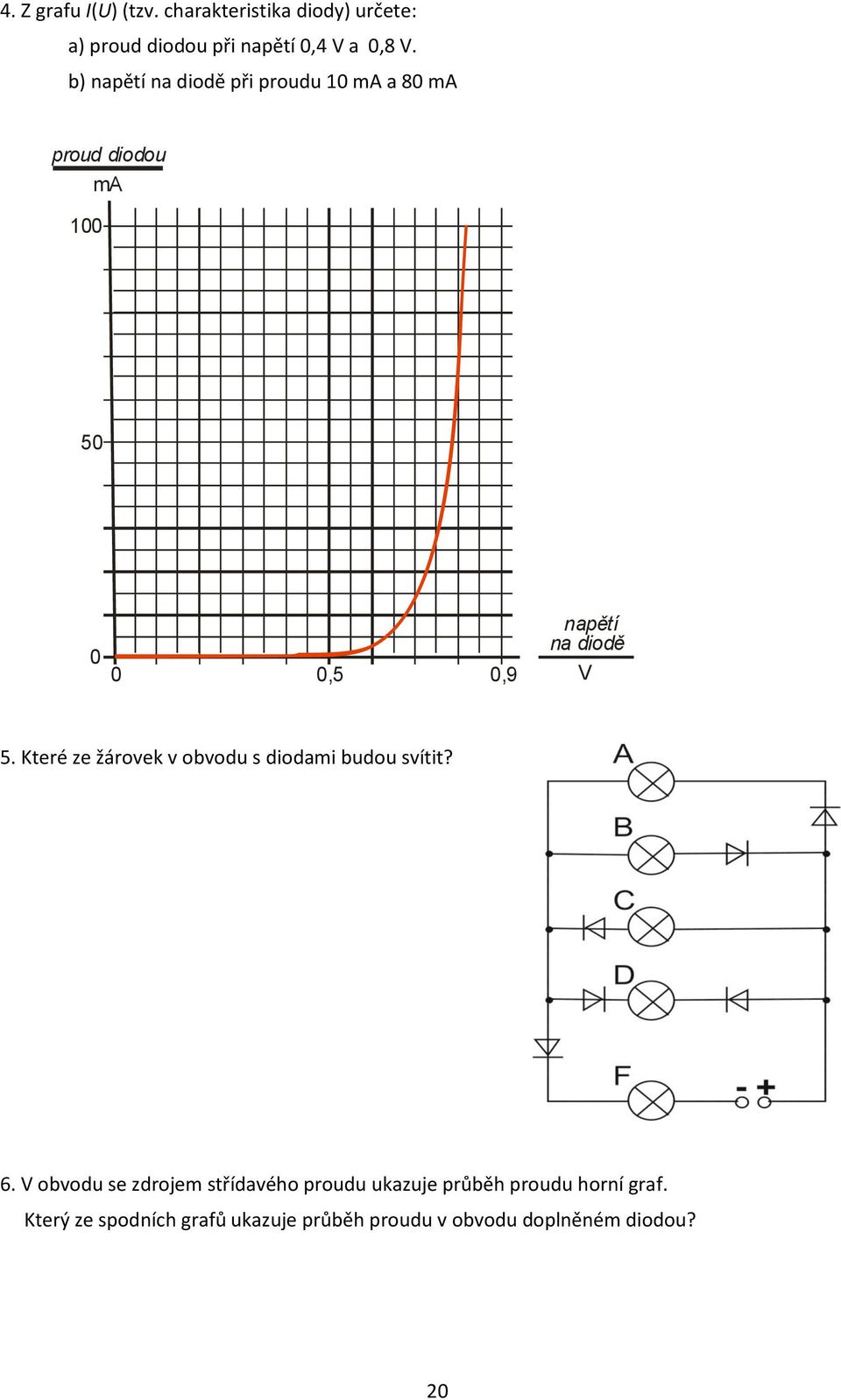 Které ze žárovek v obvodu s diodami budou svítit? 6.