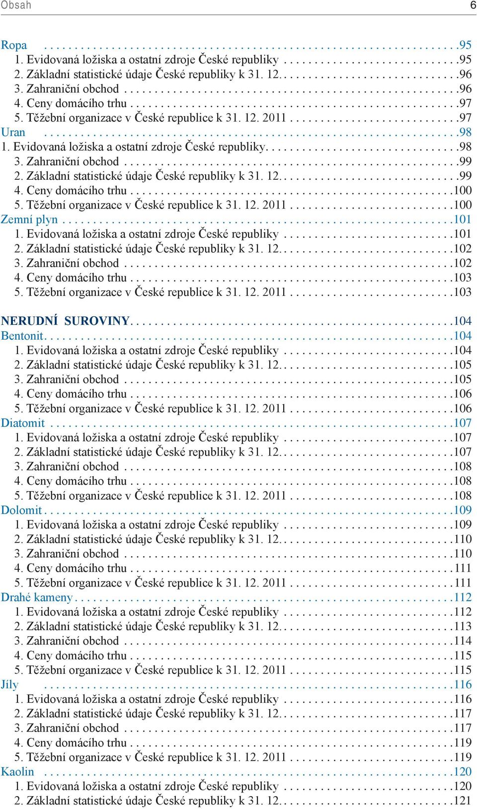 Základní statistické údaje České republiky k 31. 12... 99 4. Ceny domácího trhu.... 100 5. Těžební organizace v České republice k 31. 12. 2011.... 100 Zemní plyn.... 101 1.