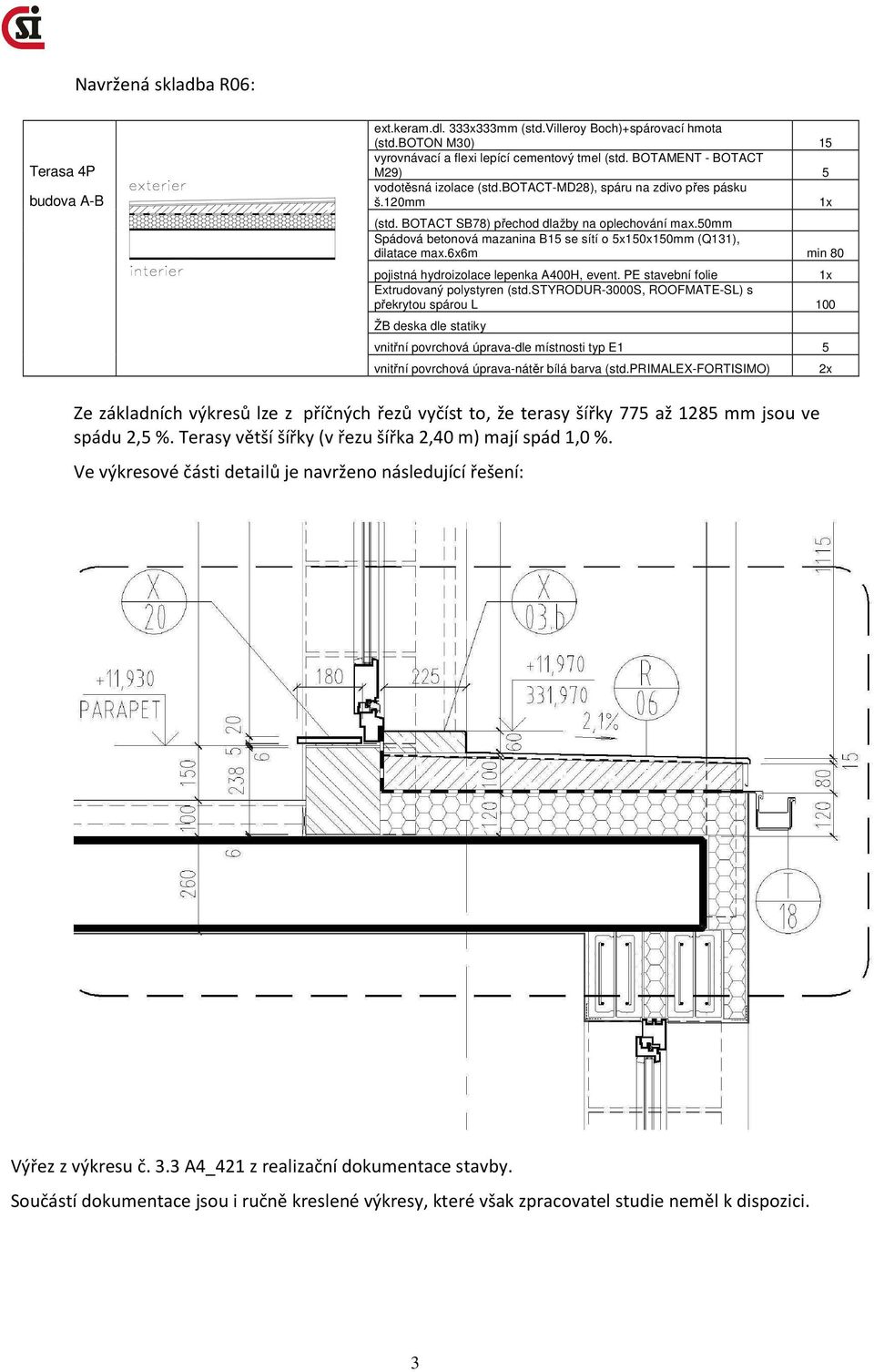 50mm Spádová betonová mazanina B15 se sítí o 5x150x150mm (Q131), dilatace max.6x6m min 80 pojistná hydroizolace lepenka A400H, event. PE stavební folie 1x Extrudovaný polystyren (std.