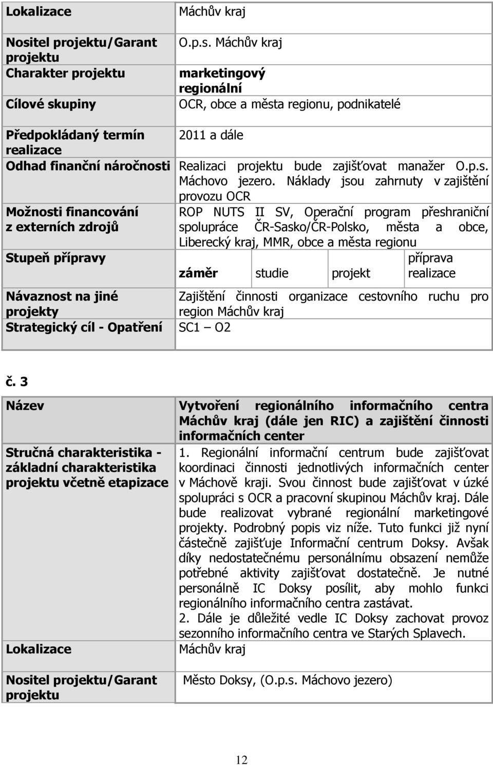 záměr studie projekt Zajištění činnosti organizace cestovního ruchu pro region SC1 O2 č. 3 Vytvoření ho informačního centra (dále jen RIC) a zajištění činnosti informačních center včetně etapizace 1.