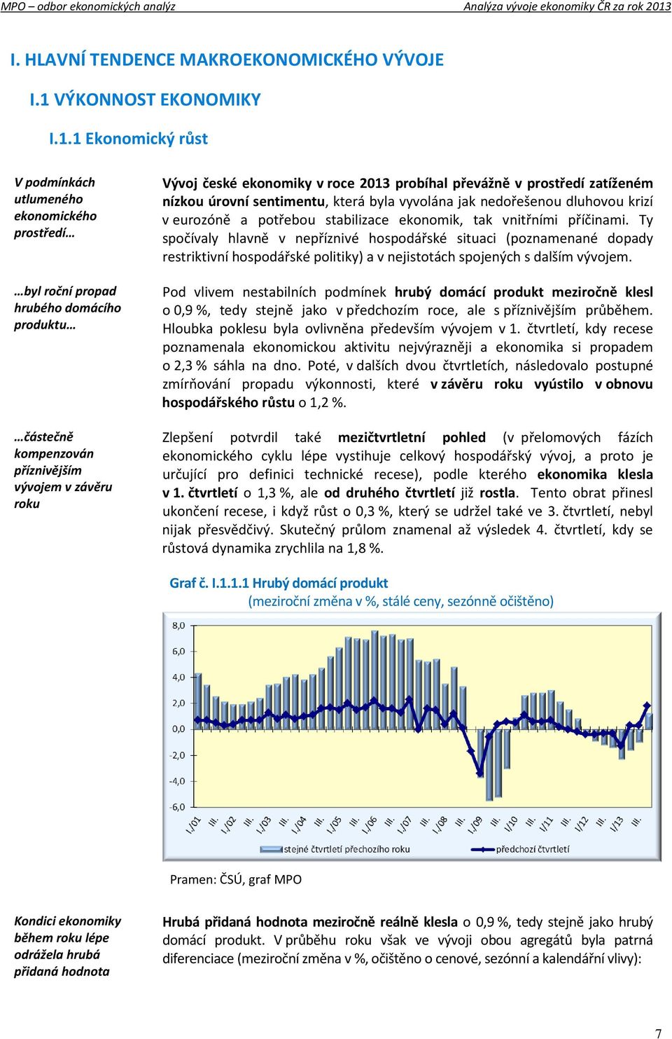 1 Ekonomický růst V podmínkách utlumeného ekonomického prostředí byl roční propad hrubého domácího produktu částečně kompenzován příznivějším vývojem v závěru roku Vývoj české ekonomiky v roce 2013