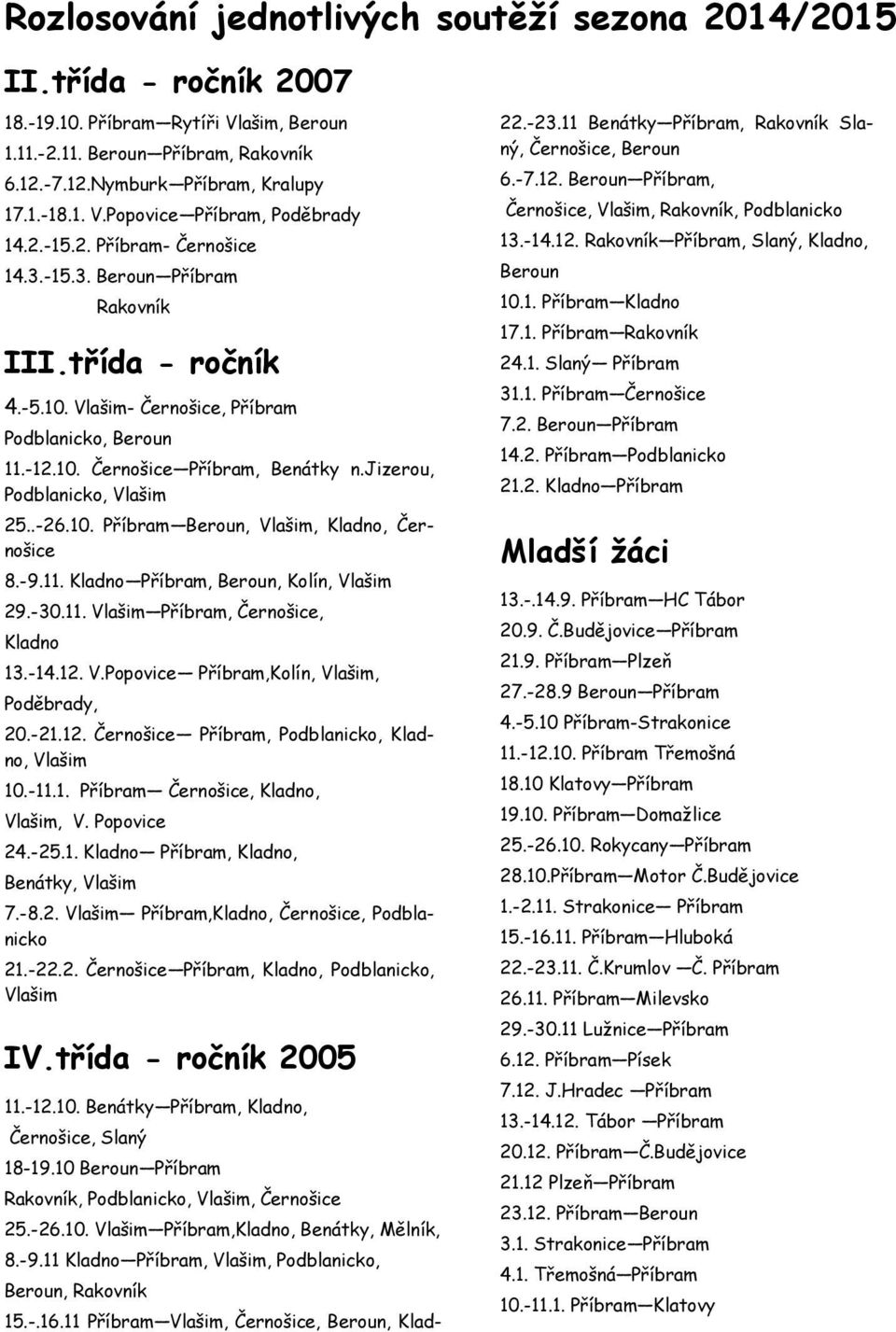 jizerou, Podblanicko, Vlašim 25..-26.10. Příbram Beroun, Vlašim, Kladno, Černošice 8.-9.11. Kladno Příbram, Beroun, Kolín, Vlašim 29.-30.11. Vlašim Příbram, Černošice, Kladno 13.-14.12. V.Popovice Příbram,Kolín, Vlašim, Poděbrady, 20.