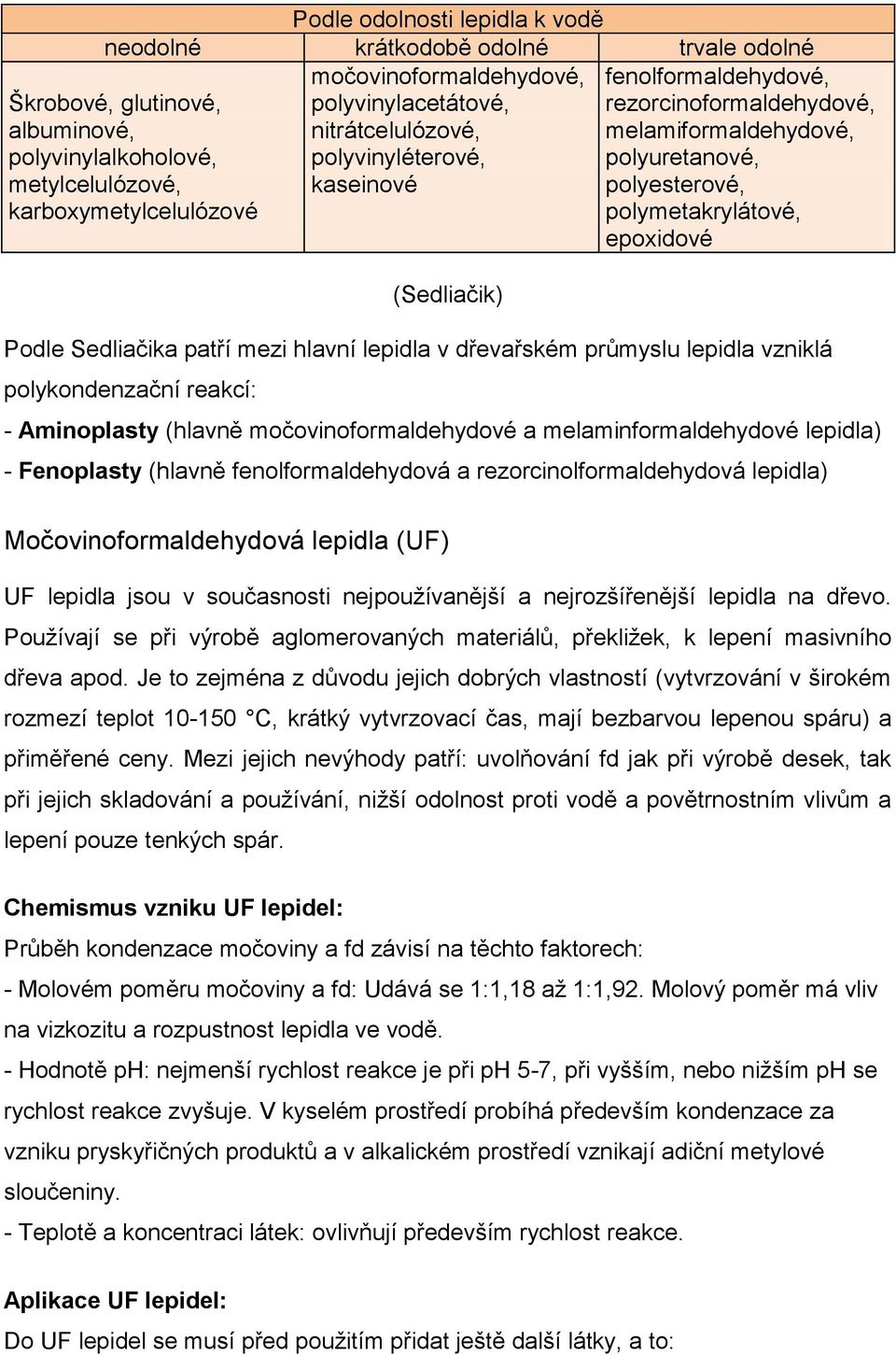 Podle Sedliačika patří mezi hlavní lepidla v dřevařském průmyslu lepidla vzniklá polykondenzační reakcí: - Aminoplasty (hlavně močovinoformaldehydové a melaminformaldehydové lepidla) - Fenoplasty