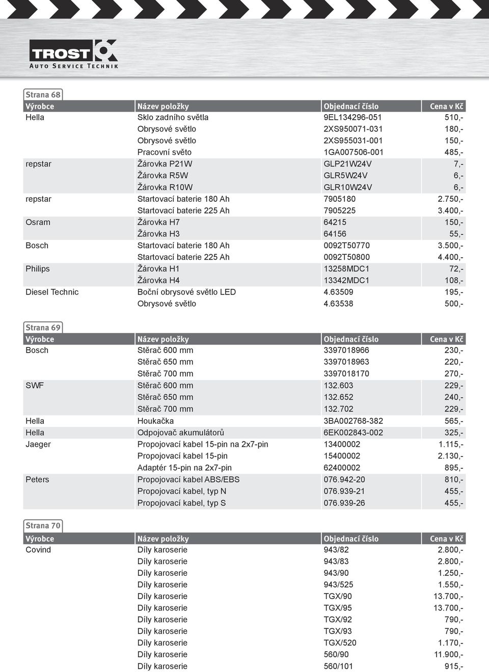 400,- Osram Žárovka H7 64215 150,- Žárovka H3 64156 55,- Bosch Startovací baterie 180 Ah 0092T50770 3.500,- Startovací baterie 225 Ah 0092T50800 4.