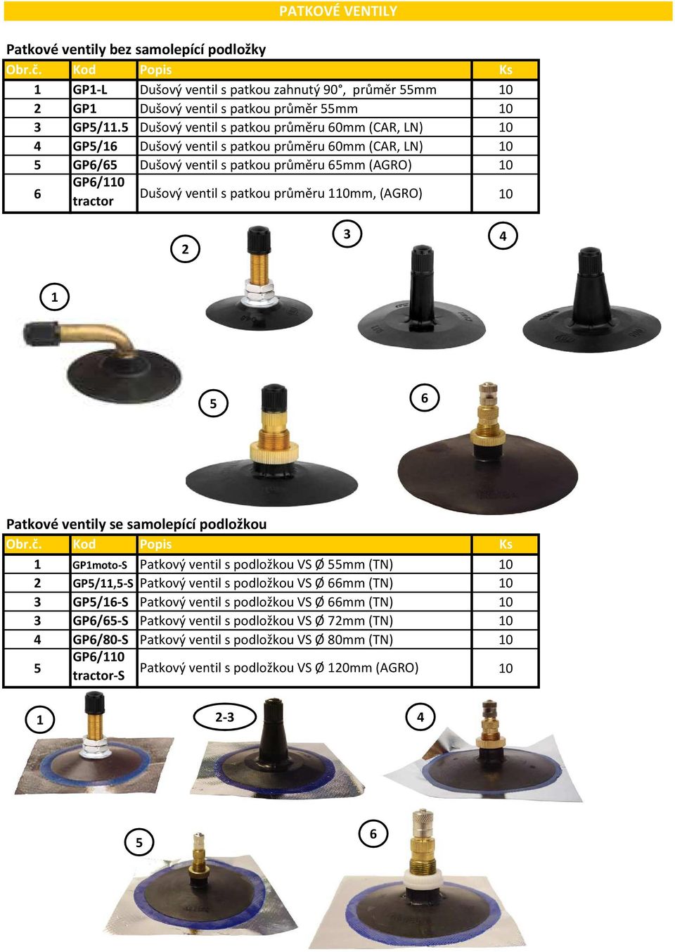 patkou průměru 0mm, (AGRO) 0 3 4 6 Patkové ventily se samolepící podložkou GPmoto-S Patkový ventil s podložkou VS Ø mm (TN) 0 GP/,-S Patkový ventil s podložkou VS Ø 66mm (TN) 0 3 GP/6-S