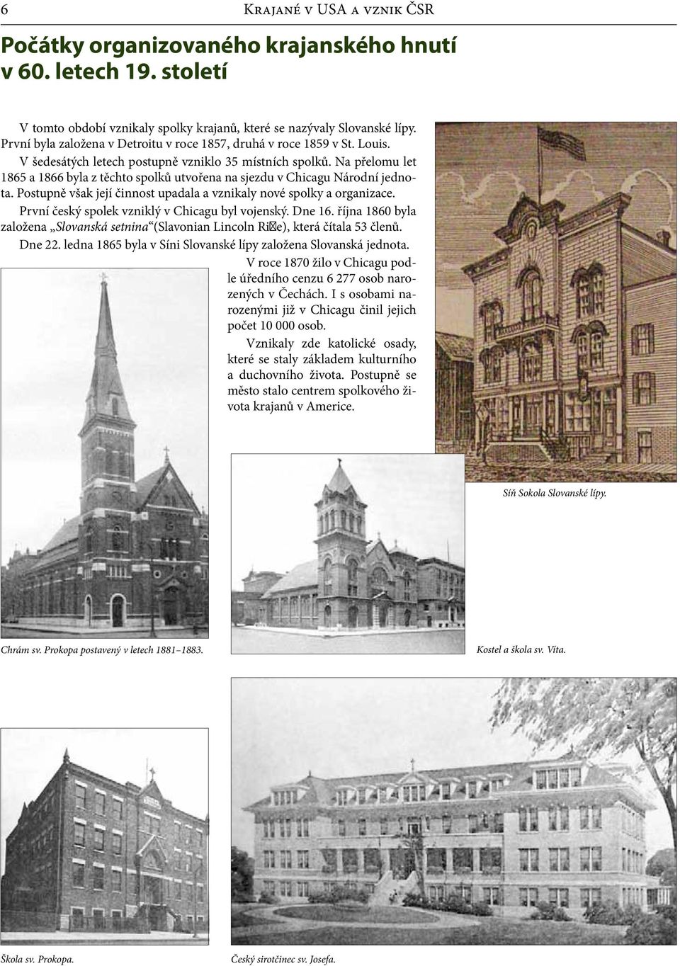 Na přelomu let 1865 a 1866 byla z těchto spolků utvořena na sjezdu v Chicagu Národní jednota. Postupně však její činnost upadala a vznikaly nové spolky a organizace.