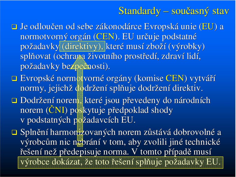 Evropské normotvorné orgány (komise CEN) ) vytváří normy, jejichž dodržen ení splňuje dodržen ení direktiv.