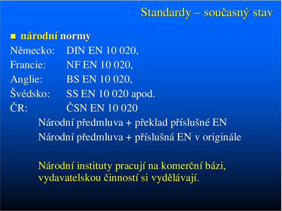 ČR: ČSN EN 10 020 Národní předmluva + překlad příslušné EN Národní předmluva +