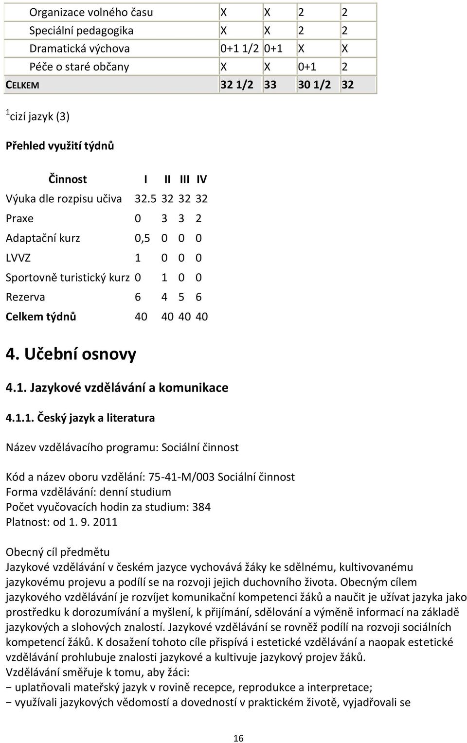 1.1. Český jazyk a literatura Název vzdělávacího programu: Sociální činnost Kód a název oboru vzdělání: 75-41-M/003 Sociální činnost Forma vzdělávání: denní studium Počet vyučovacích hodin za