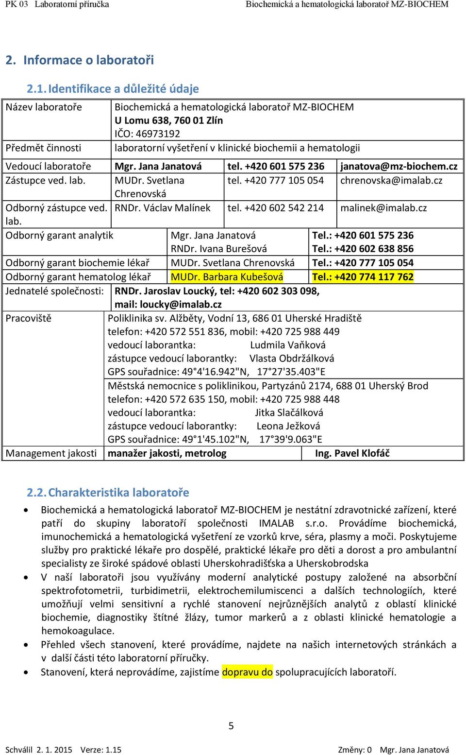 +420 602 542 214 malinek@imalab.cz lab. Odbrný garant analytik Mgr. Jana Janatvá RNDr. Ivana Burešvá Tel.: +420 601 575 236 Tel.: +420 602 638 856 Odbrný garant bichemie lékař MUDr.