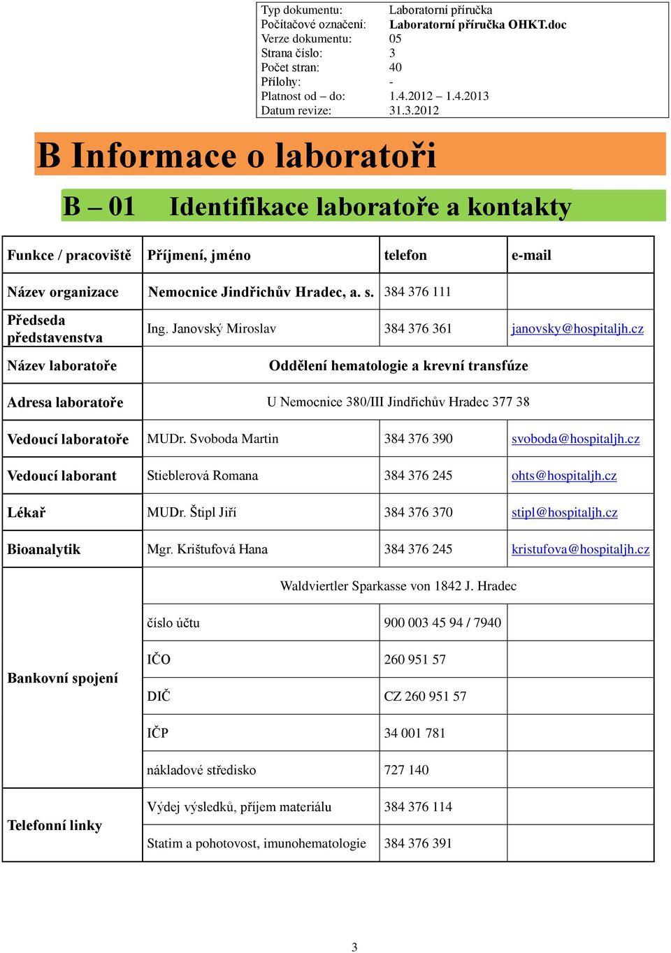 cz Oddělení hematologie a krevní transfúze Adresa laboratoře U Nemocnice 380/III Jindřichův Hradec 377 38 Vedoucí laboratoře MUDr. Svoboda Martin 384 376 390 svoboda@hospitaljh.