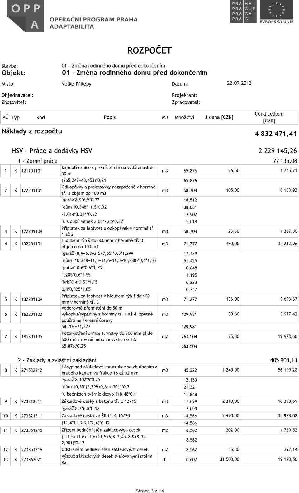 vzdálenost do 50 m (265,242+48,453)*0,21 m3 65,876 65,876 2 K 122201101 Odkopávky a prokopávky nezapažené v hornině tř.