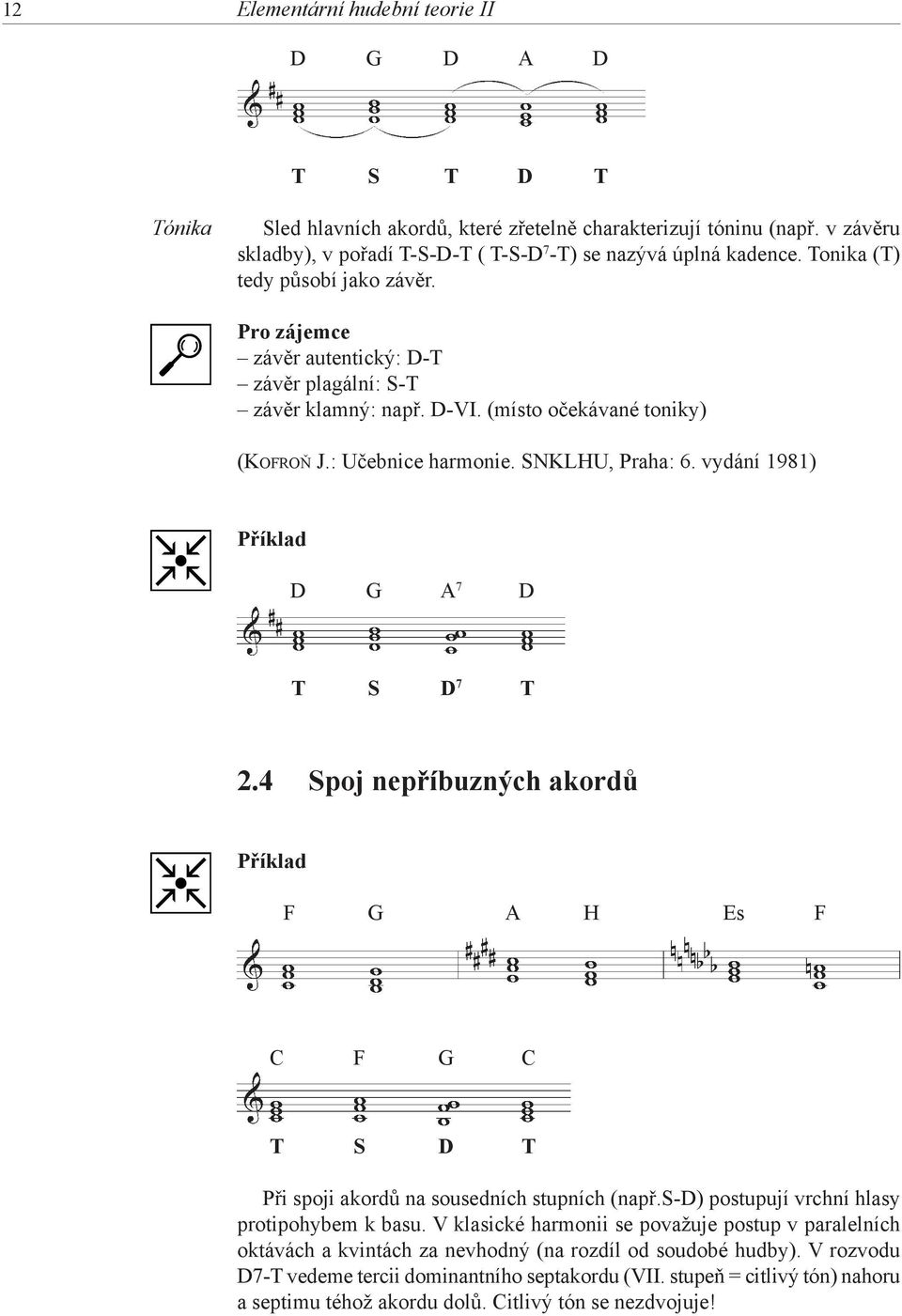 vydání 1981) D G A 7 D T S D 7 T 2.4 Spoj nepříbuzných akordů F G A H Es F C F G C T S D T Při spoji akordů na sousedních stupních (např.s-d) postupují vrchní hlasy protipohybem k basu.