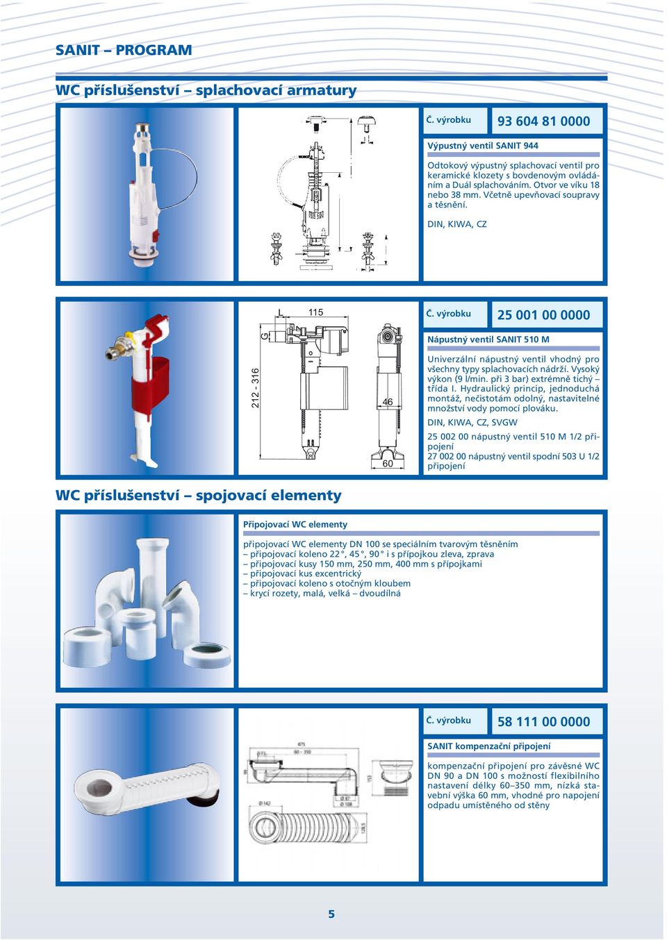 výrobku 25 001 00 0000 G Nápustný ventil SANIT 510 M WC příslušenství spojovací elementy 212-316 46 60 Univerzální nápustný ventil vhodný pro všechny typy splachovacích nádrží. Vysoký výkon (9 l/min.