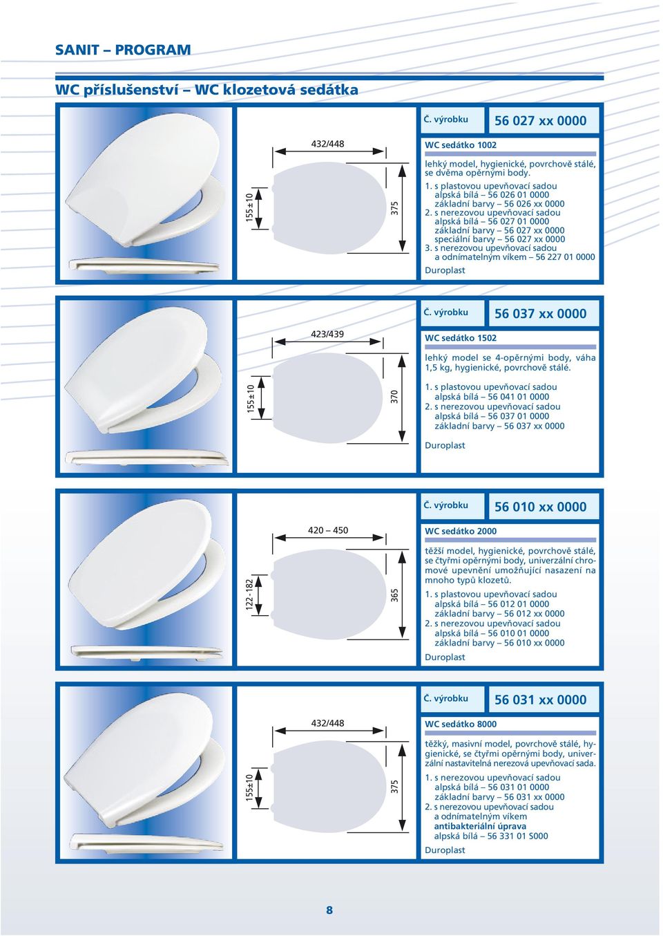 výrobku 56 037 xx 0000 423/439 WC sedátko 1502 155±10 370 lehký model se 4-opěrnými body, váha 1,5 kg, hygienické, povrchově stálé. 1. s plastovou upevňovací sadou alpská bílá 56 041 01 0000 2.