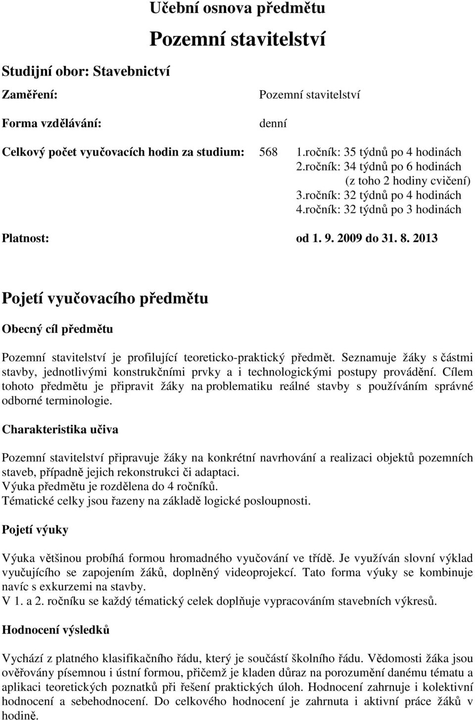 2013 Pojetí vyučovacího předmětu Obecný cíl předmětu Pozemní stavitelství je profilující teoreticko-praktický předmět.