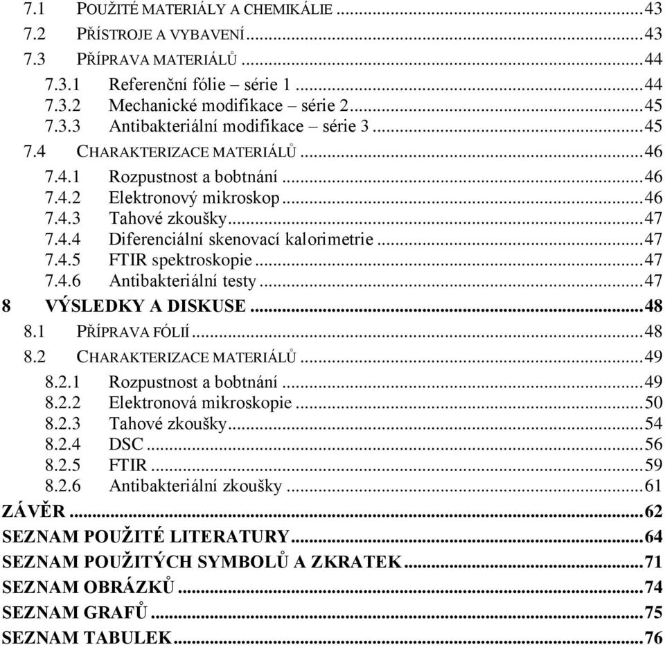 .. 47 7.4.6 Antibakteriální testy... 47 8 VÝSLEDKY A DISKUSE... 48 8.1 PŘÍPRAVA FÓLIÍ... 48 8.2 CHARAKTERIZACE MATERIÁLŮ... 49 8.2.1 Rozpustnost a bobtnání... 49 8.2.2 Elektronová mikroskopie... 50 8.