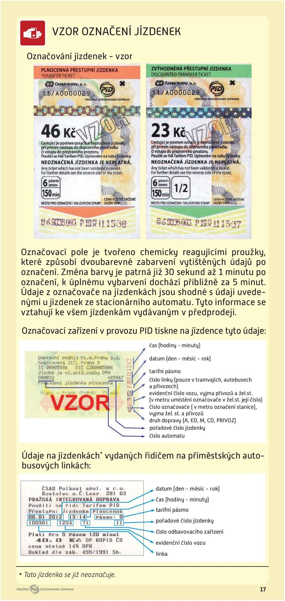 Údaje z označovače na jízdenkách jsou shodné s údaji uvedenými u jízdenek ze stacionárního automatu. Tyto informace se vztahují ke všem jízdenkám vydávaným v předprodeji.