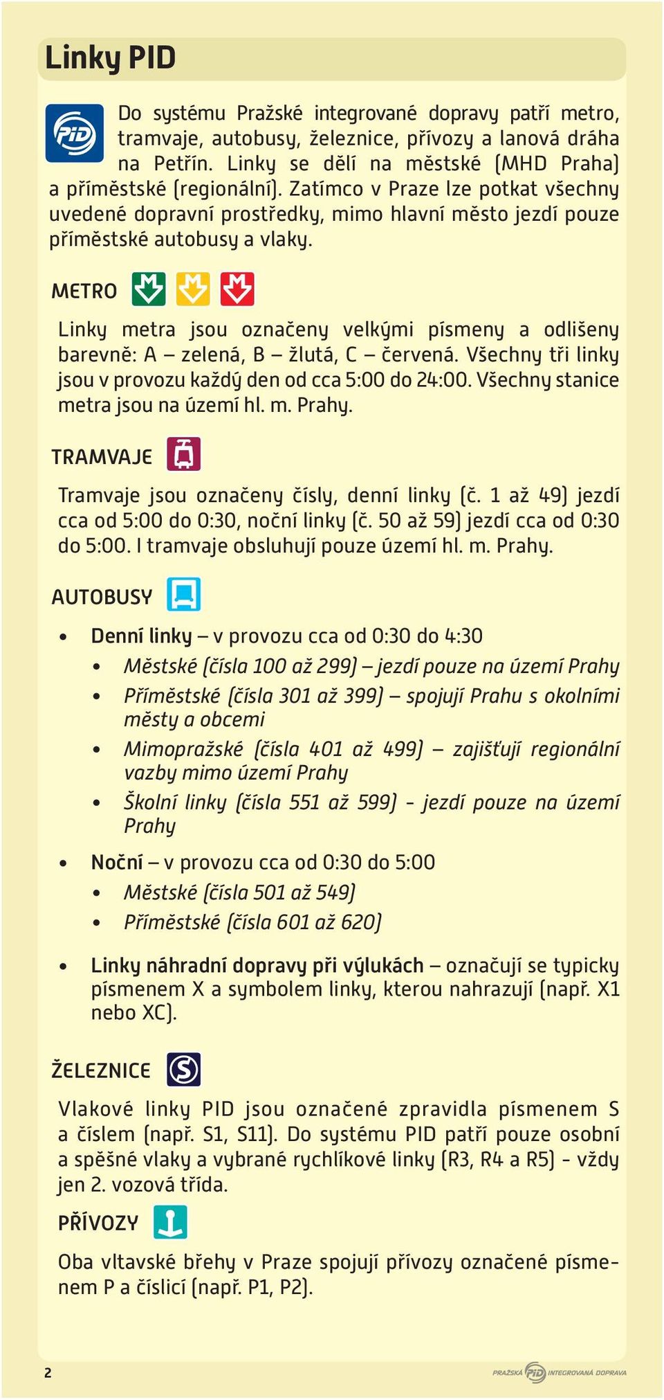 METRO Linky metra jsou označeny velkými písmeny a odlišeny barevně: A zelená, B žlutá, C červená. Všechny tři linky jsou v provozu každý den od cca 5:00 do 24:00.