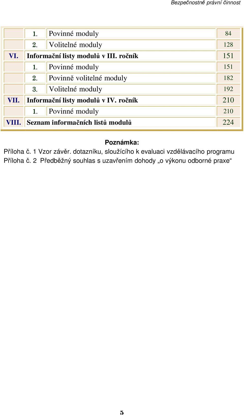 Povinné moduly 210 VIII. Seznam informačních listů modulů 224 Poznámka: Příloha č. 1 Vzor závěr.