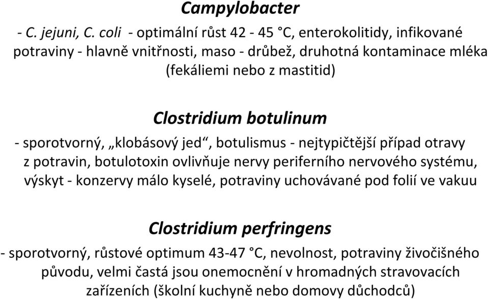 mastitid) Clostridium botulinum - sporotvorný, klobásový jed, botulismus - nejtypičtější případ otravy z potravin, botulotoxin ovlivňuje nervy periferního
