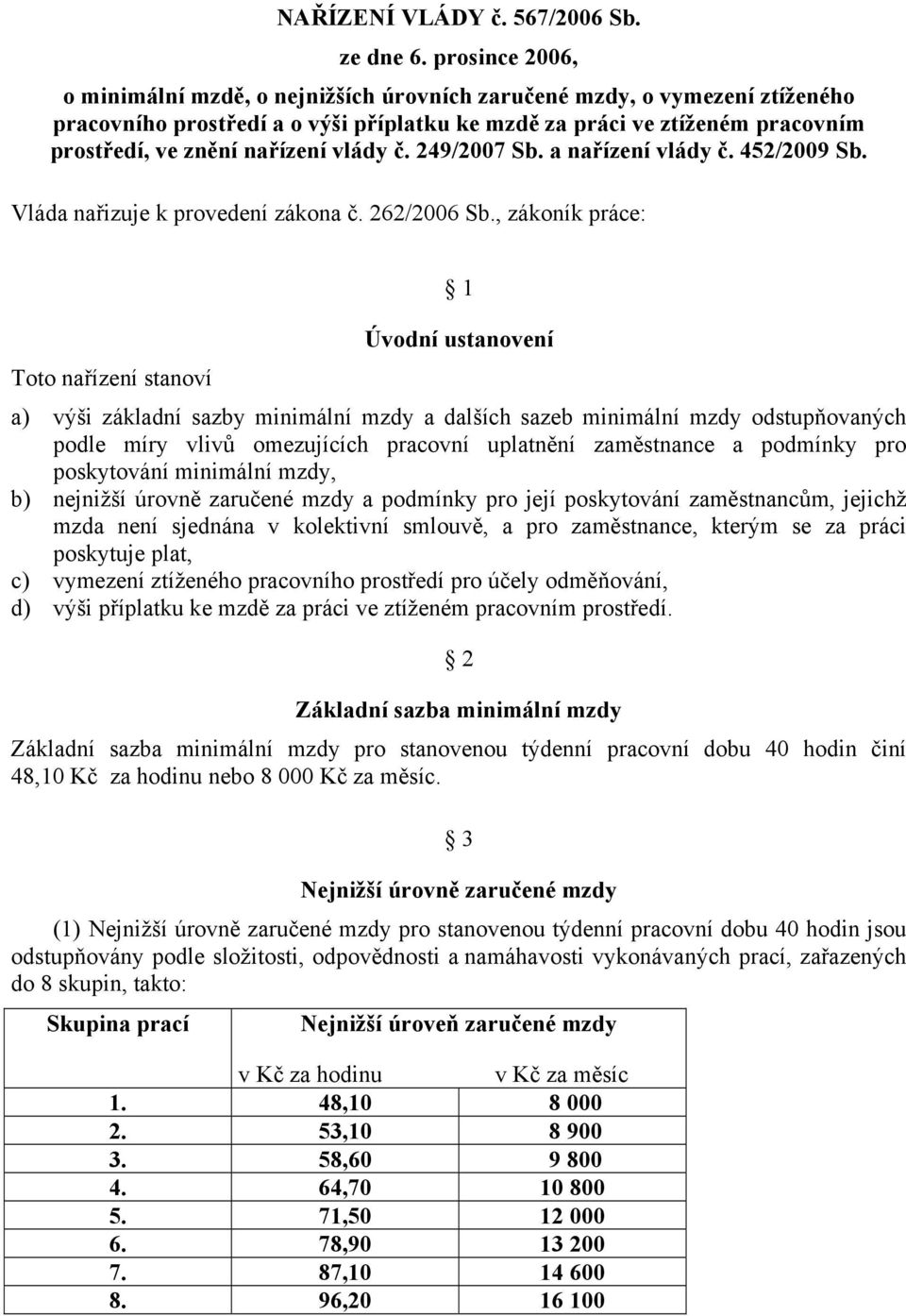 vlády č. 249/2007 Sb. a nařízení vlády č. 452/2009 Sb. Vláda nařizuje k provedení zákona č. 262/2006 Sb.