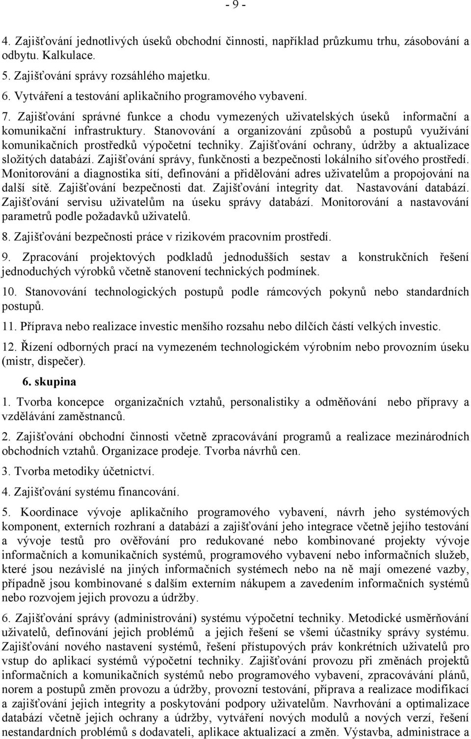 Stanovování a organizování způsobů a postupů využívání komunikačních prostředků výpočetní techniky. Zajišťování ochrany, údržby a aktualizace složitých databází.