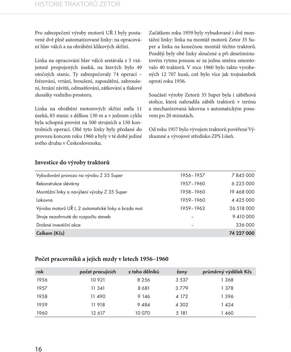 Ty zabezpečovaly 74 operací frézování, vrtání, broušení, zapouštění, zabroušení, řezání závitů, odmašťování, zátkování a tlakové zkoušky vodního prostoru.