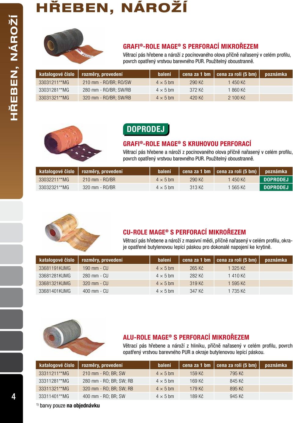 katalogové číslo rozměry, provedení balení cena za 1 bm cena za roli (5 bm) poznámka 33031211**MG 210 mm - RO/BR; RO/SW 4 5 bm 290 Kč 1 450 Kč 33031281**MG 280 mm - RO/BR; SW/RB 4 5 bm 372 Kč 1 860
