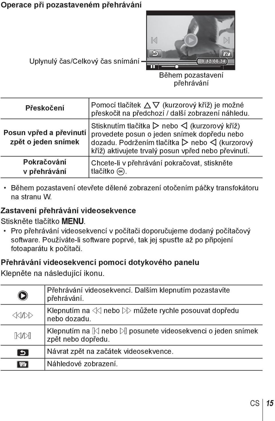 Podržením tlačítka I nebo H (kurzorový kříž) aktivujete trvalý posun vpřed nebo převinutí. Chcete-li v přehrávání pokračovat, stiskněte tlačítko A.