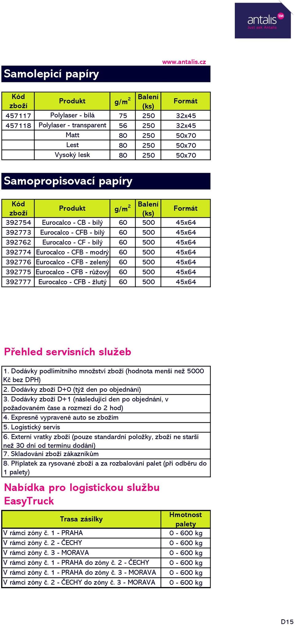 Samopropisovací papíry Kód Balení Produkt g/m 2 zboží (ks) Formát 392754 Eurocalco - CB - bílý 60 500 45x64 392773 Eurocalco - CFB - bílý 60 500 45x64 392762 Eurocalco - CF - bílý 60 500 45x64 392774