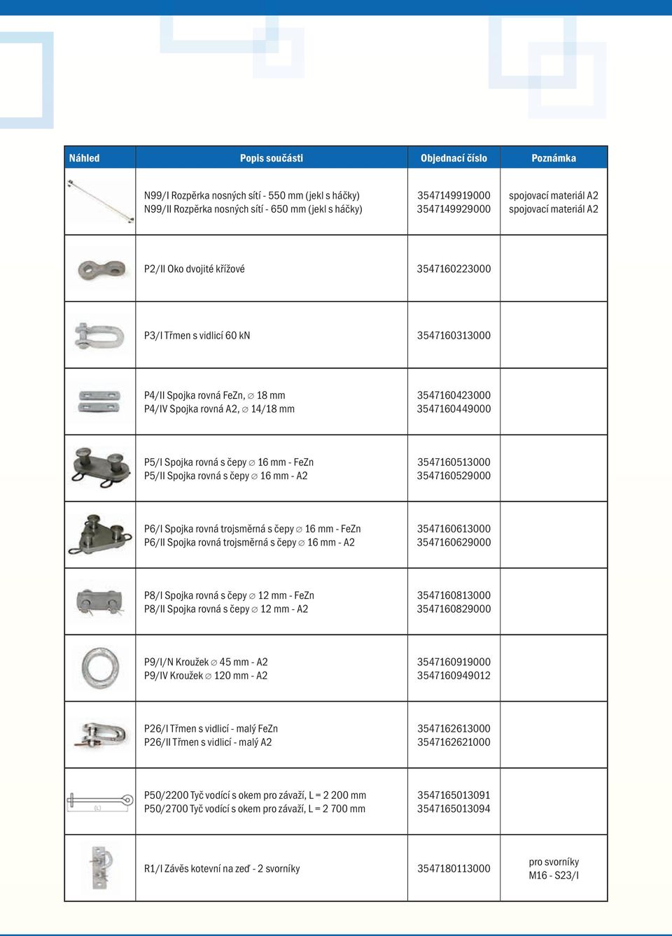 3547160529000 P6/I Spojka rovná trojsměrná s čepy 16 mm - FeZn P6/II Spojka rovná trojsměrná s čepy 16 mm - A2 3547160613000 3547160629000 P8/I Spojka rovná s čepy 12 mm - FeZn P8/II Spojka rovná s