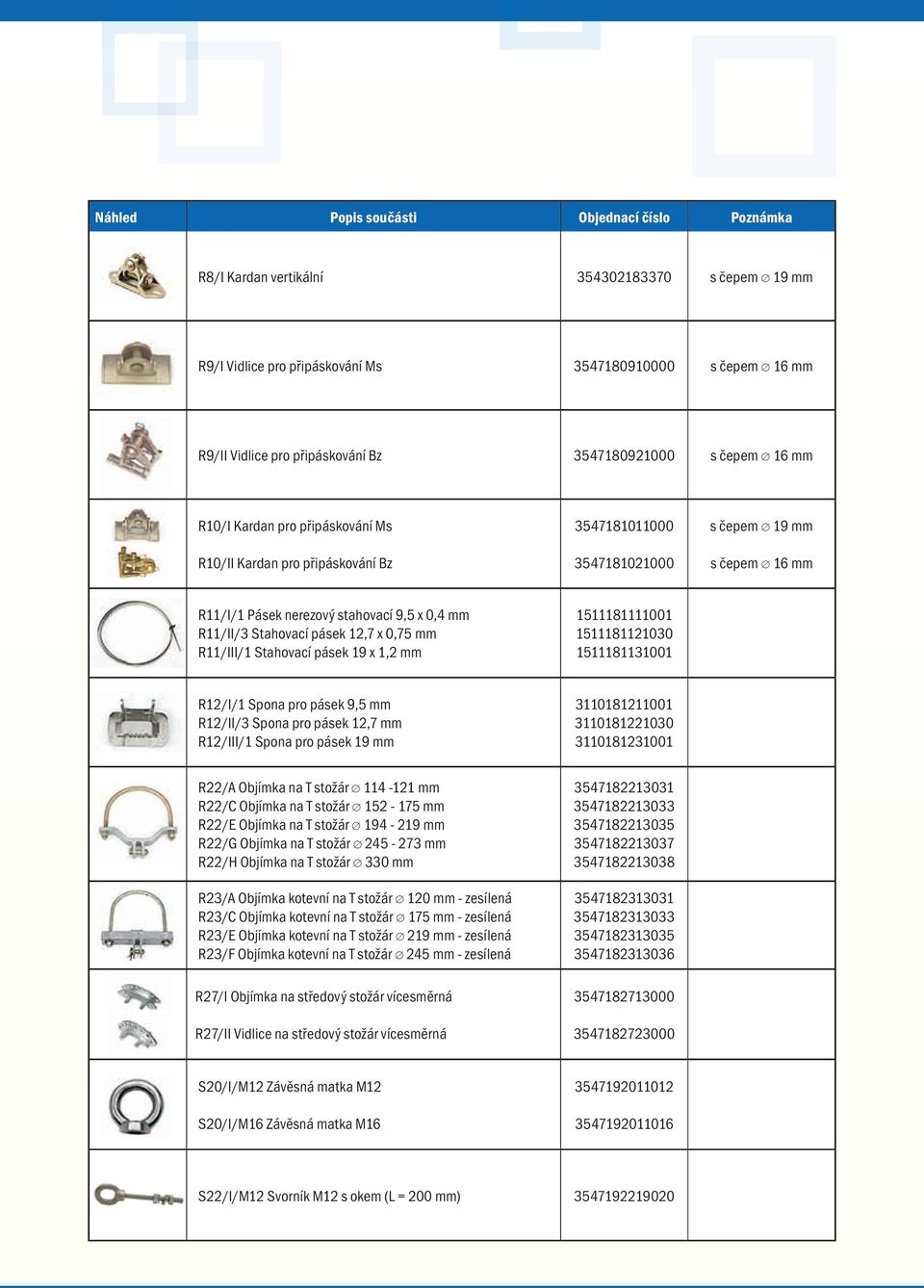 R11/III/1 Stahovací pásek 19 x 1,2 mm 1511181111001 1511181121030 1511181131001 R12/I/1 Spona pro pásek 9,5 mm R12/II/3 Spona pro pásek 12,7 mm R12/III/1 Spona pro pásek 19 mm 3110181211001