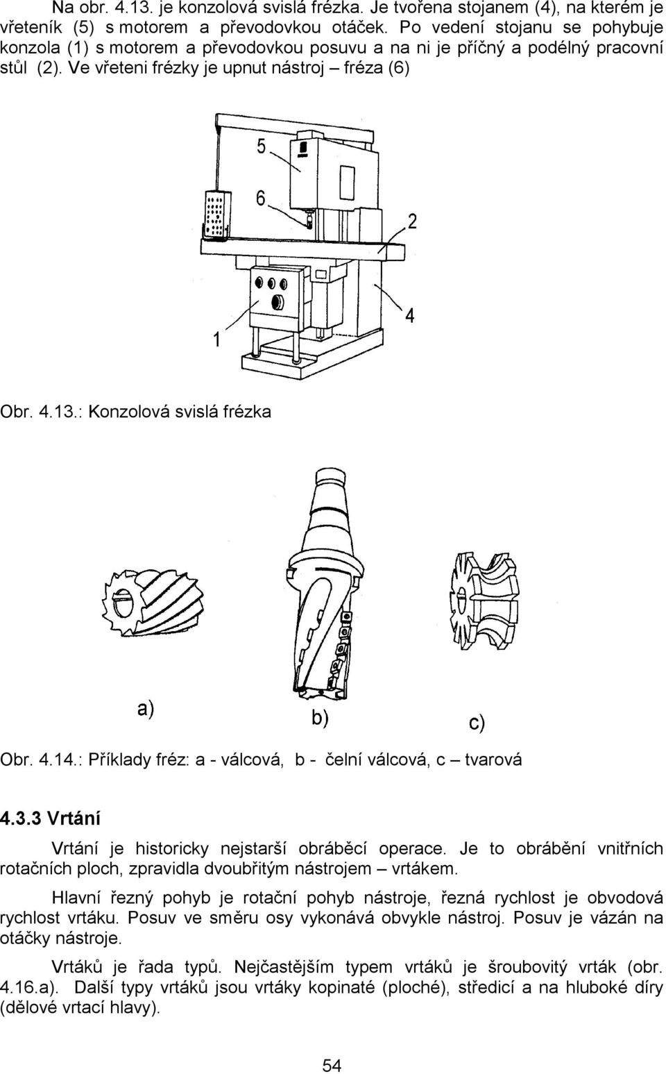 : Konzolová svislá frézka Obr. 4.14.: Příklady fréz: a - válcová, b - čelní válcová, c tvarová 4.3.3 Vrtání Vrtání je historicky nejstarší obráběcí operace.