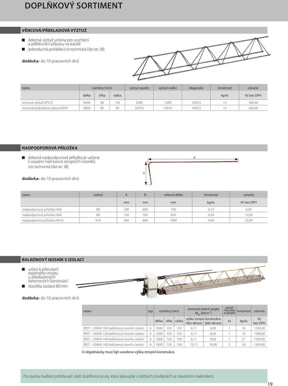 360,00 věncová/překladová výztuž GPV9 6000 80 90 2xR10 1xR10 1xR5,5 15 450,00 NADPODPOROVÁ PŘÍLOŽKA železná nadpodporová příložka je určena k osazení nad konce stropních nosníků (viz technická část