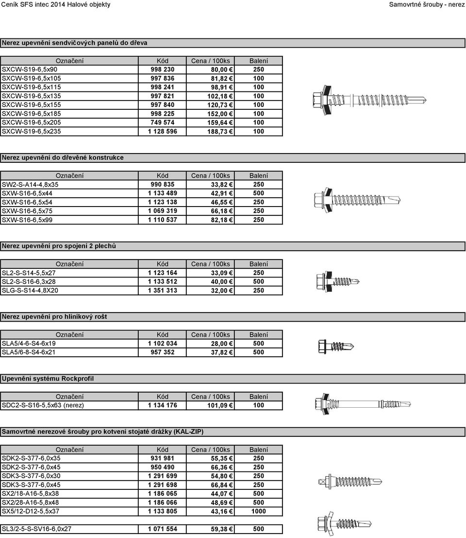 SW2-S-A14-4,8x35 990 835 33,82 250 SXW-S16-6,5x44 1 133 489 42,91 500 SXW-S16-6,5x54 1 123 138 46,55 250 SXW-S16-6,5x75 1 069 319 66,18 250 SXW-S16-6,5x99 1 110 537 82,18 250 Nerez upevnění pro