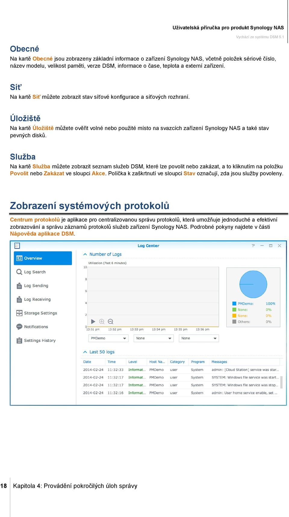 Úložiště Na kartě Úložiště můžete ověřit volné nebo použité místo na svazcích zařízení Synology NAS a také stav pevných disků.