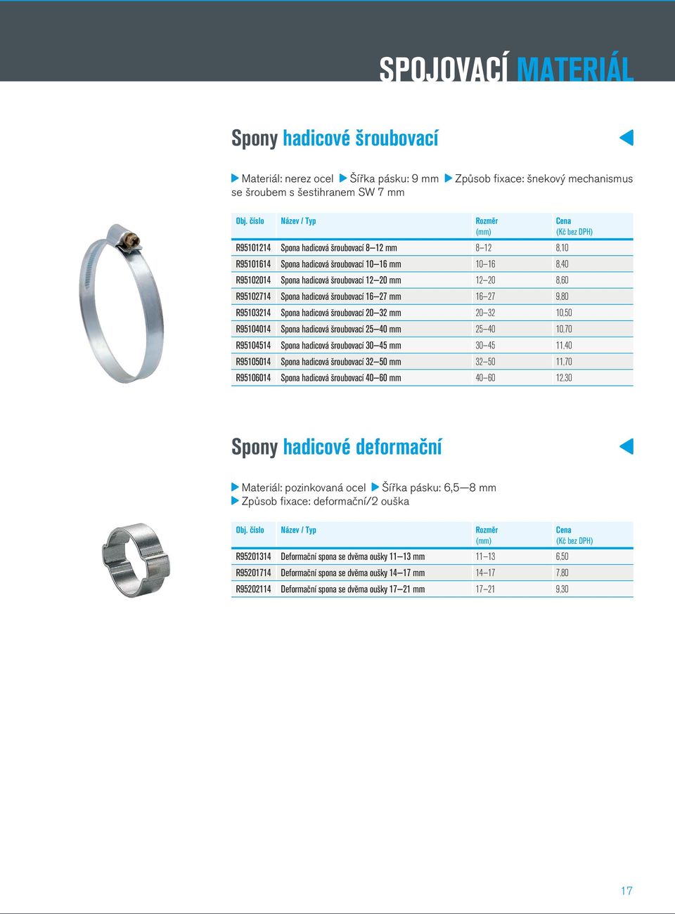 hadicová šroubovací 20 32 mm 20 32 10,50 R95104014 Spona hadicová šroubovací 25 40 mm 25 40 10,70 R95104514 Spona hadicová šroubovací 30 45 mm 30 45 11,40 R95105014 Spona hadicová šroubovací 32 50 mm