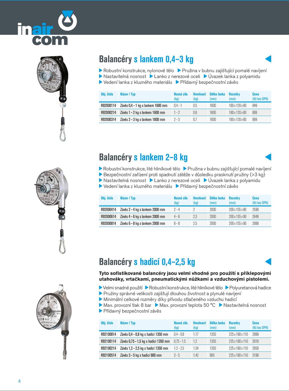 číslo Název / Typ Nosná síla (kg) Hmotnost (kg) Délka lanka Rozměry R92000114 Závěs 0,4 1 kg s lankem 1600 mm 0,4 1 0,5 1600 160 x 120 x 60 849 R92000214 Závěs 1 2 kg s lankem 1600 mm 1 2 0,6 1600