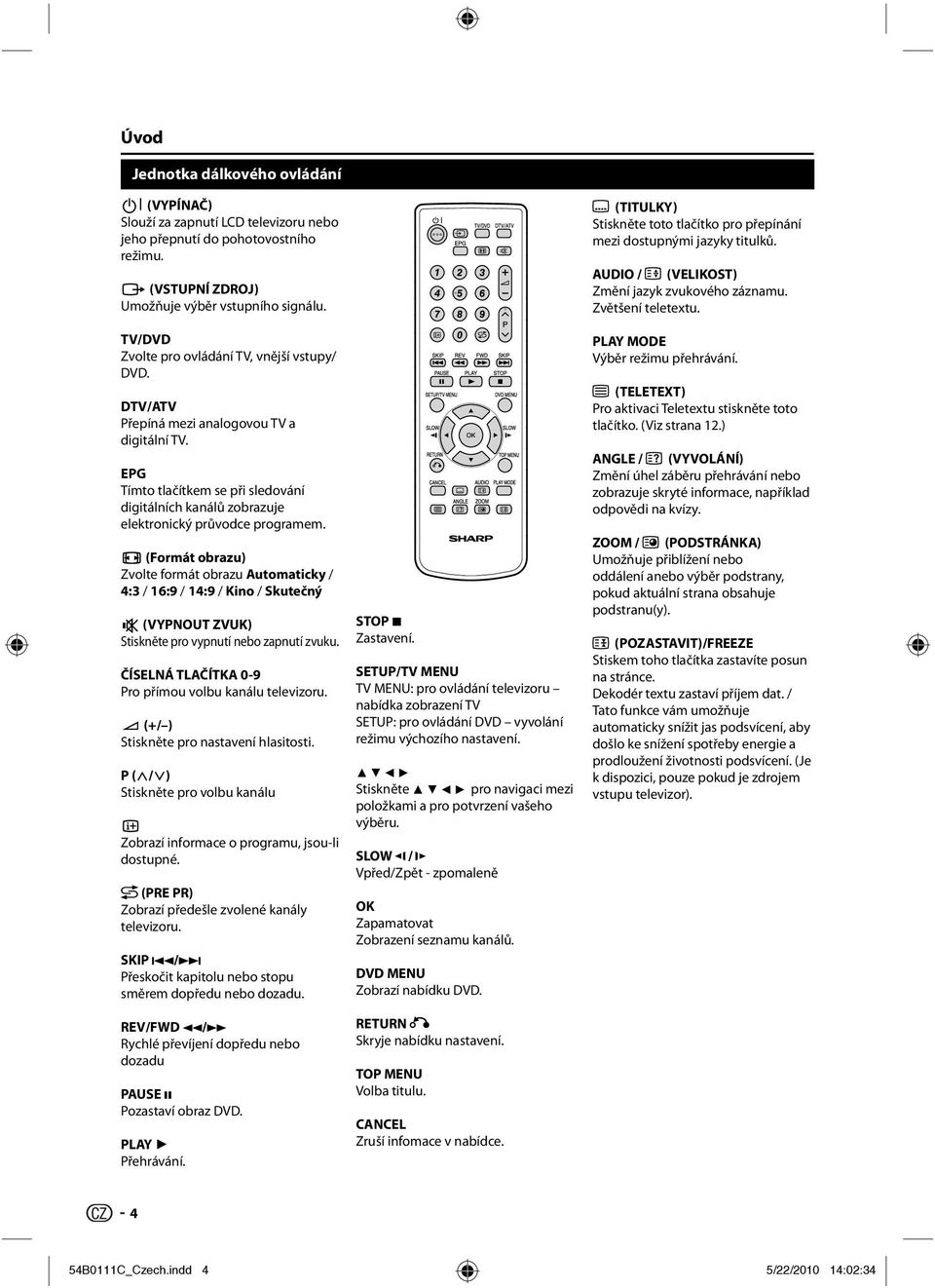 (Formát obrazu) Zvolte formát obrazu Automaticky / 4:3 / 16:9 / 14:9 / Kino / Skutečný (VYPNOUT ZVUK) Stiskněte pro vypnutí nebo zapnutí zvuku. ČÍSELNÁ TLAČÍTKA 0-9 Pro přímou volbu kanálu televizoru.