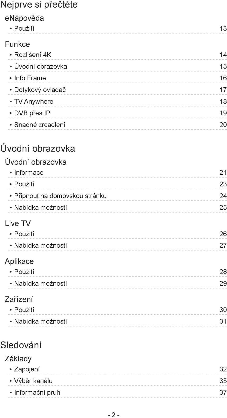 Připnout na domovskou stránku 24 Nabídka možností 25 Live TV Použití 26 Nabídka možností 27 Aplikace Použití 28