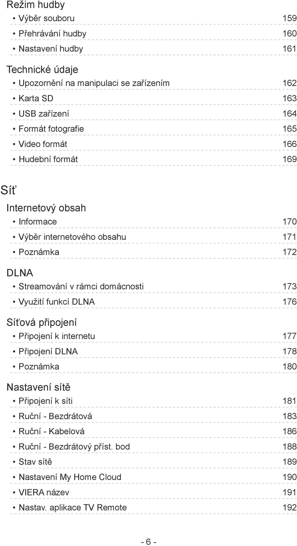 rámci domácnosti 173 Využití funkcí DLNA 176 Síťová připojení Připojení k internetu 177 Připojení DLNA 178 Poznámka 180 Nastavení sítě Připojení k síti 181